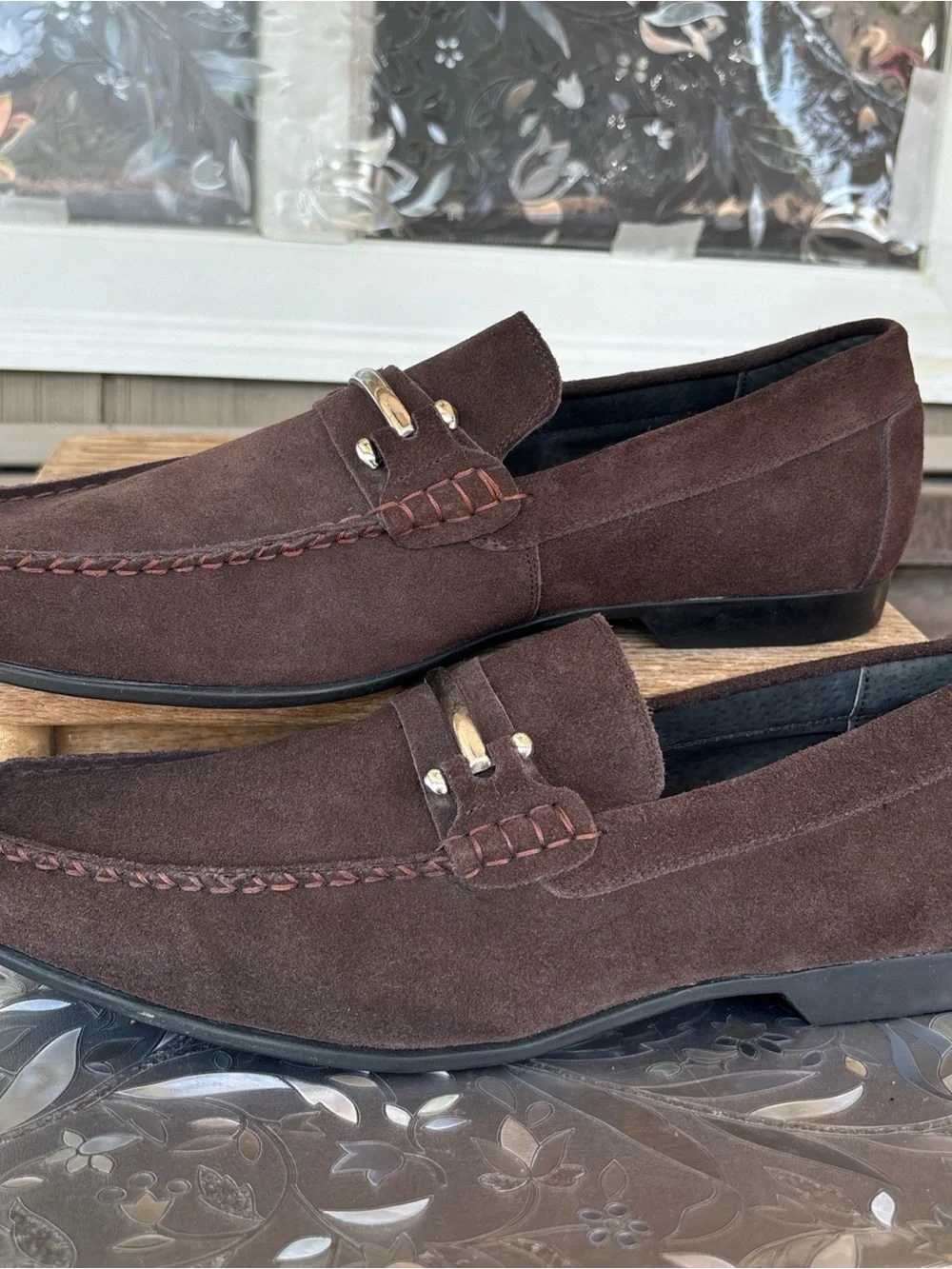Stacy Adams Brown Suede Slip-On Loafers with Gold-Tone Bit 14 EUC